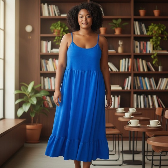 See You Monday Dresses & Skirts - See You Monday Royal Blue Tiered Maxi Dress XL Spaghetti Strap Back Tie Textured